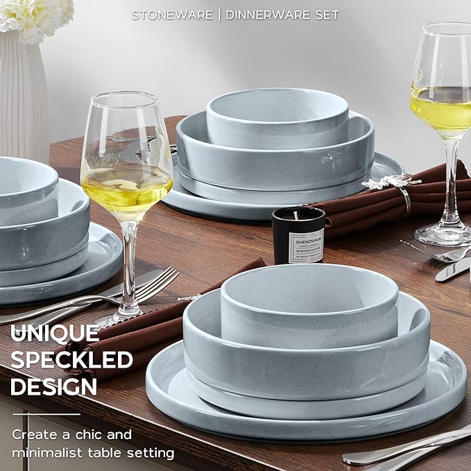 Onader Plates and Bowls Sets 16 Pieces Stoneware Dinnerware for 4 Kitchen Dinner Dish Set with Pasta Bowl Ceramic Dishware Dining Ware Microwave &amp Dishwasher Safe - Slate Gray
