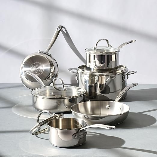 Farberware Millennium Stainless Steel Pots and Pans with Lids Induction Ready Compatible with All Cooktops Metal Utensil Safe 10 Piece Cookware Set Dishwasher Safe - Stainless Steel