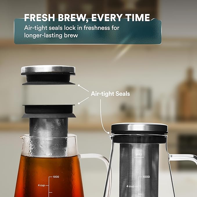 Airtight Cold Brew Iced Coffee Maker 1.0L with Double Wall Single Lip Insulated Glass Cup