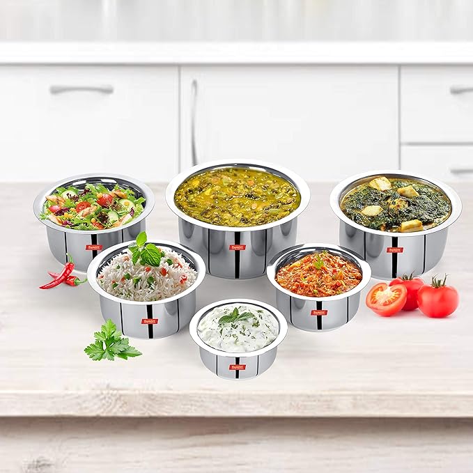 Sumeet Stainless Steel Mini to Big Size Flat Bottom Induction &amp Gas Stove Friendly Tope/Patila/Cookware Set of 6Pcs (370ML 550ML 800ML 1100ML1400ML 1800ML)