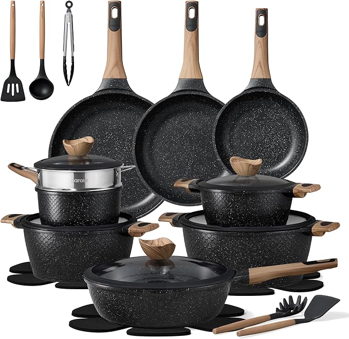 CAROTE 26PCS Pots and Pans Set Non Stick Cookware Set Pots and Pans Induction Cook Ware Nonstick Kitchen Cooking PFOA Free Black