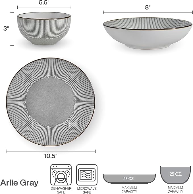 Pfaltzgraff Arlie Gray 12 Piece Dinnerware Set Service for 4 Gray