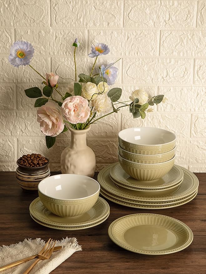 Famiware Garden Plates and Bowls Set for 6 18-Piece Kitchen Dishes Dinnerware Set - Microwave and Dishwasher Safe Scratch Resistant Reactive Glaze and Embossed Stoneware Tableware Yellow