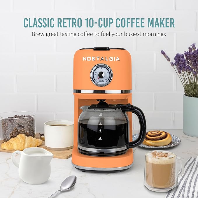 Nostalgia Classic Retro 10 Cup Coffee Maker - One-Touch Drip Brew Reusable Filter - Anti-Drip Auto Shutoff &amp Time Display - Dishwasher Safe 50 oz Carafe - Orange