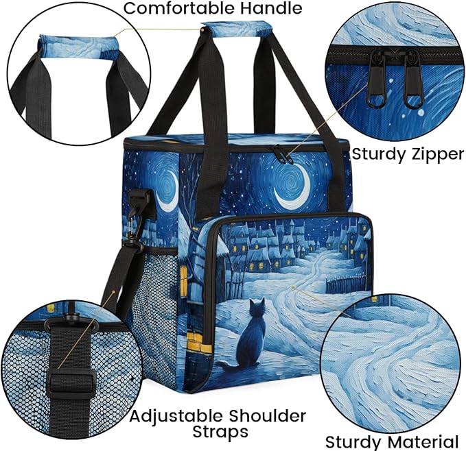 Winter Village Cat Coffee Maker Travel Bag for Keurig K-Mini/K-Mini Plus Insulated Waterproof Tote with Pockets for K-Cup Portable Single-Serve Brewer Case
