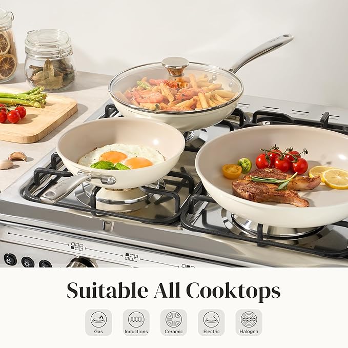 Redchef Nonstick Cookware Sets Frying Pan Set with Tempered Glass Lids Ceramic Cookware Set Stay-Cool Handles Dishwasher &amp Oven Safe Compatible with All Cooktops Beige (8+9.5+11 Inch)