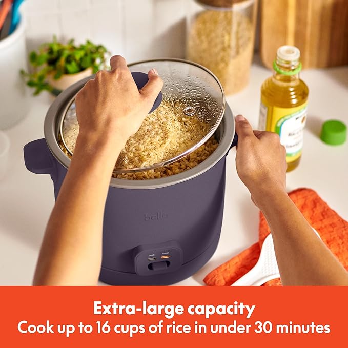 bella 16 Cup Rice Cooker with Steamer Dishwasher Safe Steaming Basket Rice Paddle and Measuring Cup Removable Nonstick Cooking Bowl Automatic Keep Warm Function 400 Watt Plum