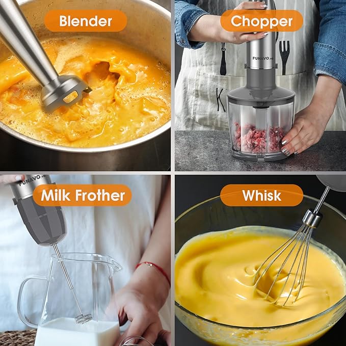 Immersion Blender 1000W Anti-scratch 5-in-1 Hand Blender Upgraded 12 Speed Stainless Steel Blade Stick Blender with Turbo Mode 20oz Beaker 17oz Chopping Bowl Whisk BPA-Free