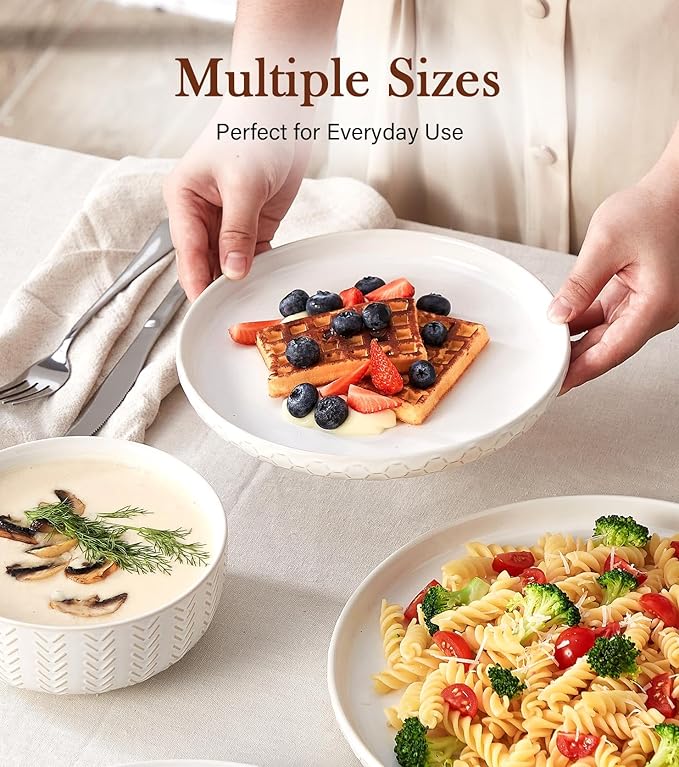 24 Piece Dinnerware Sets for 8 - Farmhouse Style Stoneware Plates and Bowls Sets - Scratch Resistant &amp Dishwasher Safe Embossed Boho Ceramic Dish Set Stack Compactly Dishware - Vintage White