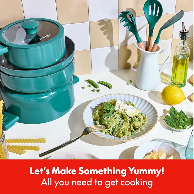 So Yummy by bella 12 Piece Cookware Set w EverGood™ Ceramic Nonstick Coating and Silicone &amp Wood Utensils Dishwasher Safe Silicone &amp Glass Lids Oven Safe &amp All Stovetop Compatible Moon