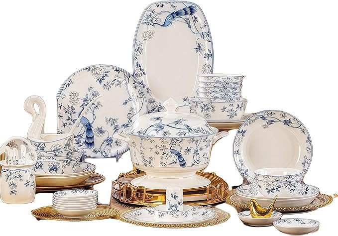 Fine Bone China Dinnerware SetPorcelain&ampCeramic Dinnerware SetsBone Stoneware &ampCeramic Cookware Tableware Set Includes Dinner Plates|Spoons|Pasta Bowls|Soup Pot|Chopsticks (60 PCS)