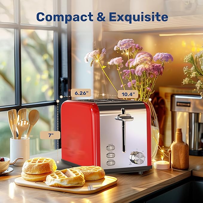 YSSOA 2-Slice Toaster with 6 Browning Setting and 3 Function Extra Wide Slot &amp Removable Crumb Tray Retro Stainless-Steel Style for Bread &amp Waffle Red