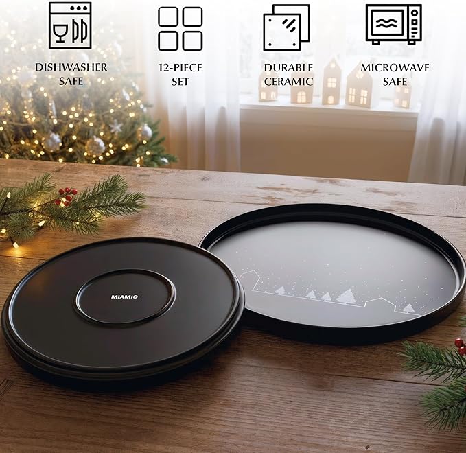 MIAMIO – Christmas Dinnerware Set 12-Piece/Christmas Plates Set with Mugs in minimalist holiday design (Service for 4) / Dishwasher and Microwave Safe – Vinter Collection