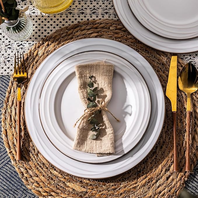 GBHOME Ceramic Dinnerware Sets 24 pcs Embossed Elegant Stoneware Plates and Bowls Sets Housewarming Wedding Gift | Dishwasher &amp Microwave Safe | Dishes Set Service for 8