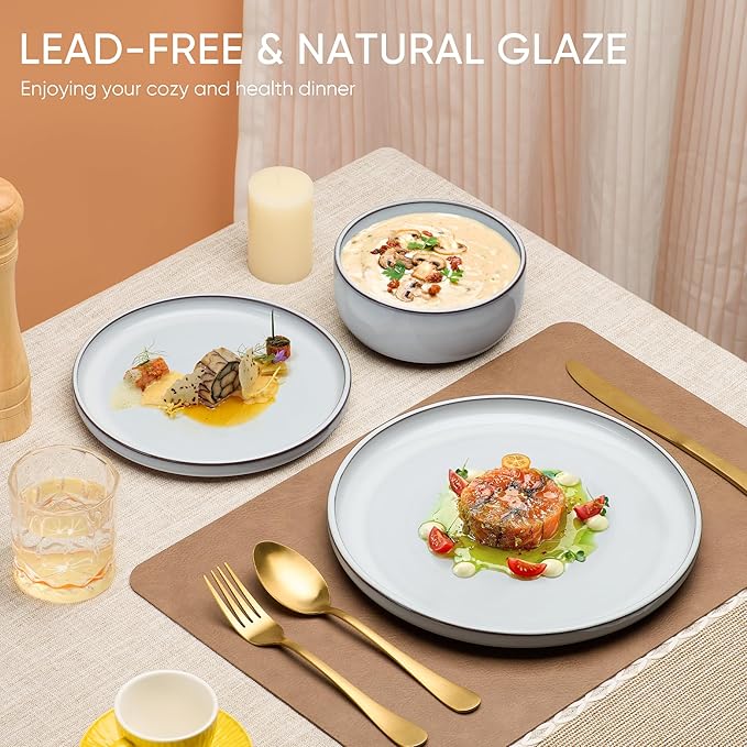 Vesteel 12-Piece Dinnerware Set Ceramic Plates and Bowls Set for 4 Reactive Glaze Tableware Set with Purple Clay Base for Home Chip &amp Scratch Resistant Stoneware Moonlight White