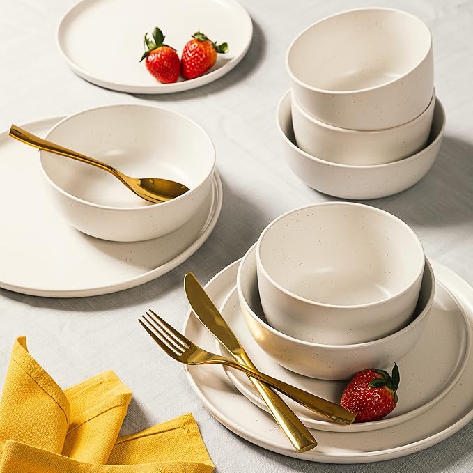 Gibson Elite James Street Stoneware Matte Reactive Double Bowl Dinnerware Set - Sea Salt White Service for 4 (16pcs)
