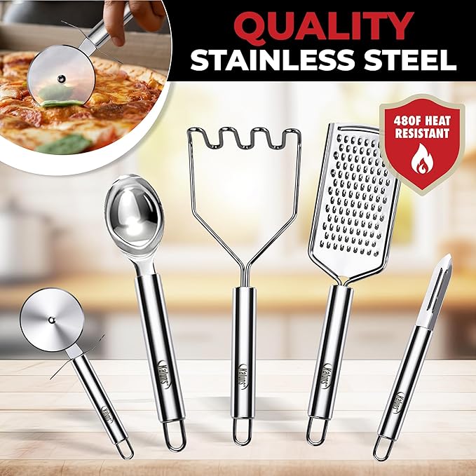 Kaluns 50 PCS Silicone Kitchen Utensils Set Complete Kitchen Set - 800°F Heat Resistant Non-Stick Premium Cooking Utensils W Wooden Handles - Can Opener Masher Turner Silicone Spatula Set