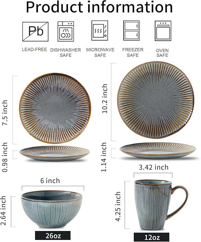 HVH Stoneware Dinnerware Sets 16 Pieces Plates and Bowls Sets Kitchen Dishes Set for 4 Dinner Dessert Plates Cereal Bowls and mugs for Party and Dinner Farmhouse Style (Wabi sabi)