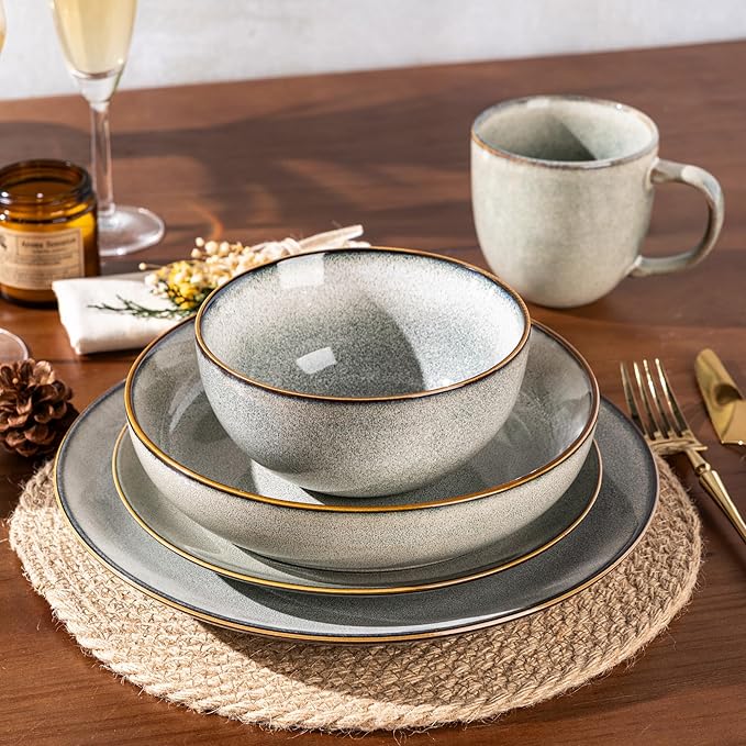 GBHOME 24 Pieces Ceramic Dinnerware Sets for 6 Stoneware Plates and Bowls Set with Reactive Glaze Scratch Resistant Stoneware Dishes Set Dishwasher &amp Microwave Safe