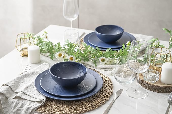 Bzyoo 12 Piece Melamine Dinnerware Set - Durable Dishwasher Safe Organica Navy Blue Plates and Bowls Sets Casual Dish Set for Dining Outdoor and Kitchen