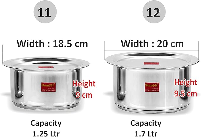 Sumeet 2 Pcs Stainless Steel Induction Bottom (Encapsulated Bottom) Induction &amp Gas Stove Friendly Container Set/Tope/Cookware Set With Lids Size No.11 &amp No.12 (1.25 Ltr &amp 1.7 Ltr)