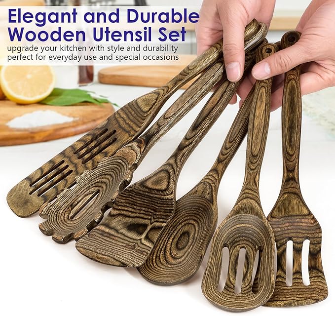 Wooden Spoons for Cooking Pakkawood Kitchen Utensil Set Granite Premium Durable Wooden Utensils for Nonstick Cookware Heat Resistant Smooth Finish Comfortable Grip 6 Piece