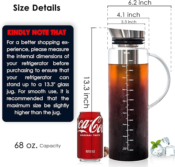 Aquach 68 Oz Cold Brew Coffee &amp Iced Tea Maker – Airtight Lid for Freshness Up to 2 Weeks Dishwasher Safe