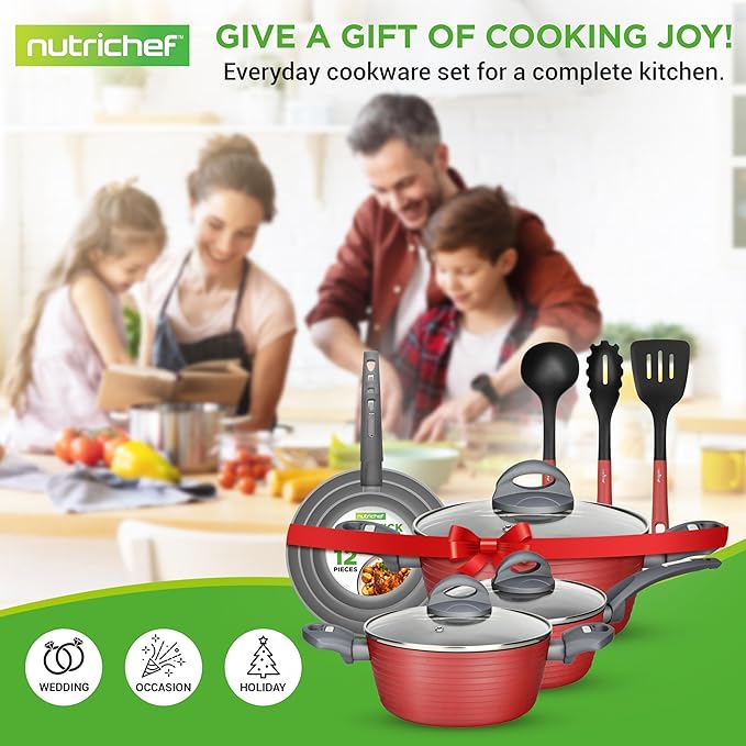 NutriChef 12-Piece Hard Anodized Nonstick Cookware Set - Induction Ready Pots &amp Pans with Elegant Ridge-Line Pattern Heat-Resistant Lacquer Red