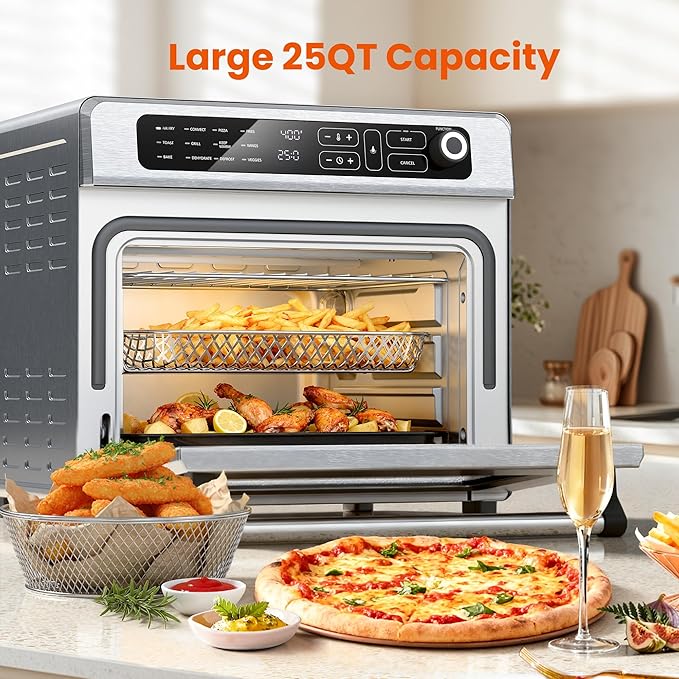 25QT Air Fryer Toaster Oven Combo 12-in-1 Large Convection Airfryer Oven with 70–450℉ Temperature Control &amp 60-Minute Timer Bake Roast &amp Broil Fits 12″ Pizza(Silver)