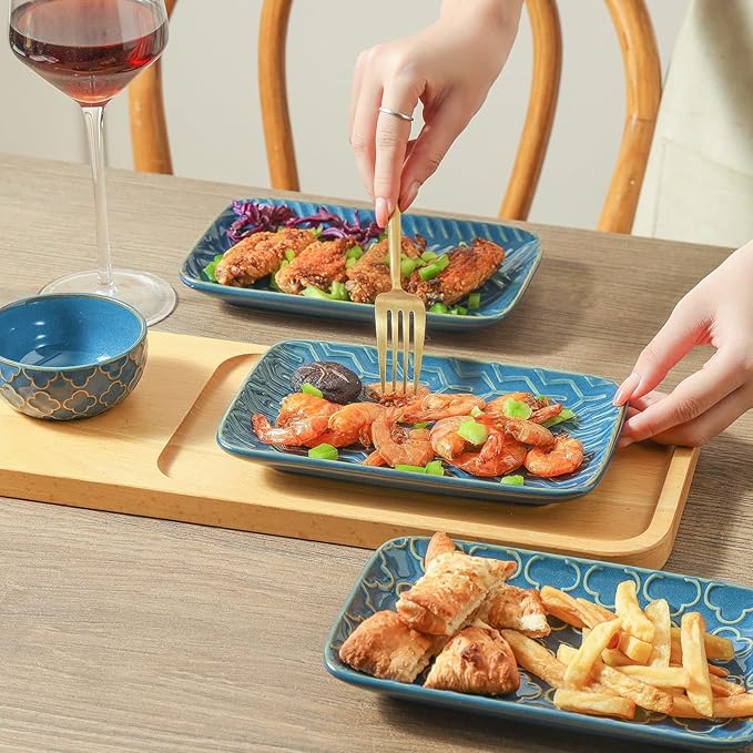 Sureasy Dinnerware Sets 12-piece + 8 inch Rectangular Salad Plates Set of 4 Blue