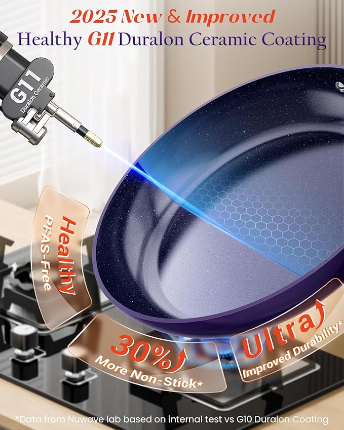 Nuwave Essential Series 5PC Ceramic Cookware Set PFAS-Free G11 Duralon Blue Coating Pots and Pans Set Non Stick Diamond Scratch-ResistantStay-Cool Handle Metal LidInduction ReadyDishwasher Safe