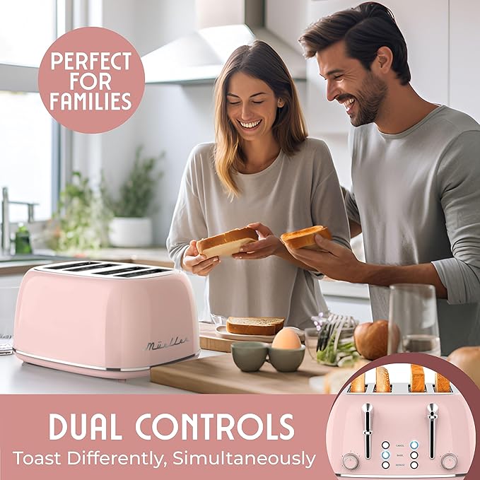 Mueller Retro Toaster 4 Slice with Extra Wide Slots Bagel Defrost and Cancel Function 6 Browning Levels Dual Independent Controls Removable Crumb Tray and High Lift Levers Pink