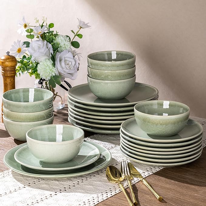 AmorArc Ceramic Dinnerware Sets for 6 18 Pieces Handpainted Plates and Bowls Set Scratch Resistant Stoneware Dishes Set Dishwasher &amp Microwave Safe Olive Green
