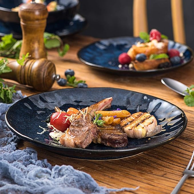 vicrays 10-Piece Dinnerware Set - Includes Wide Rim Soup BowlsDinner Plates- Microwave Oven Dishwasher Safe Porcelain Fluted for Home Party Restaurant Use - Blue