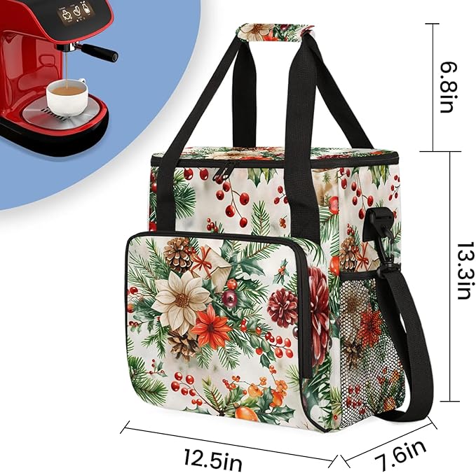 Flowers Leaves Berries Branches Christmas Coffee Maker Carring Bag Large Insulated Storage Organizer Case Tote Bags with Shoulder Strap for Travel Work Picnic
