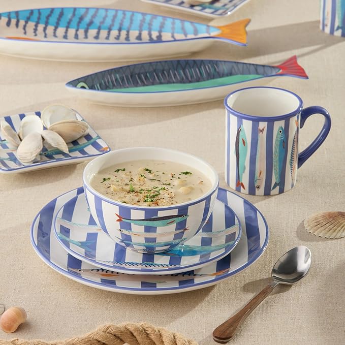 Something Fishy 16-Piece Ceramic DINNERWARE SETSERVICE for 4 Coastal Blue Striped Plates Mugs and Bowls with Artist-Designed Fish Artwork for Beach House Dining and Entertaining