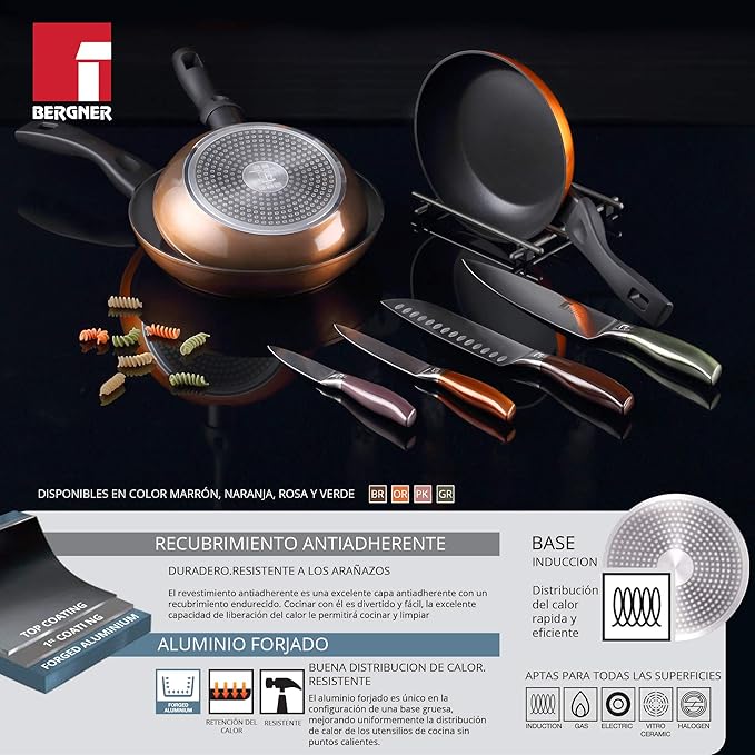 San Ignacio 5-Piece Stainless Steel Cookware Set with Green Neon Frying Pan Set (22 and 26 cm) in Forged Aluminium Suitable for Induction