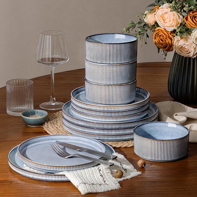 GBHOME 12-Piece Stoneware Dinnerware Set for 4 – Ribbed Ceramic Plates and Bowls Scratch-Resistant Microwave &amp Dishwasher Safe Reactive Glaze Deep Tidal Blue