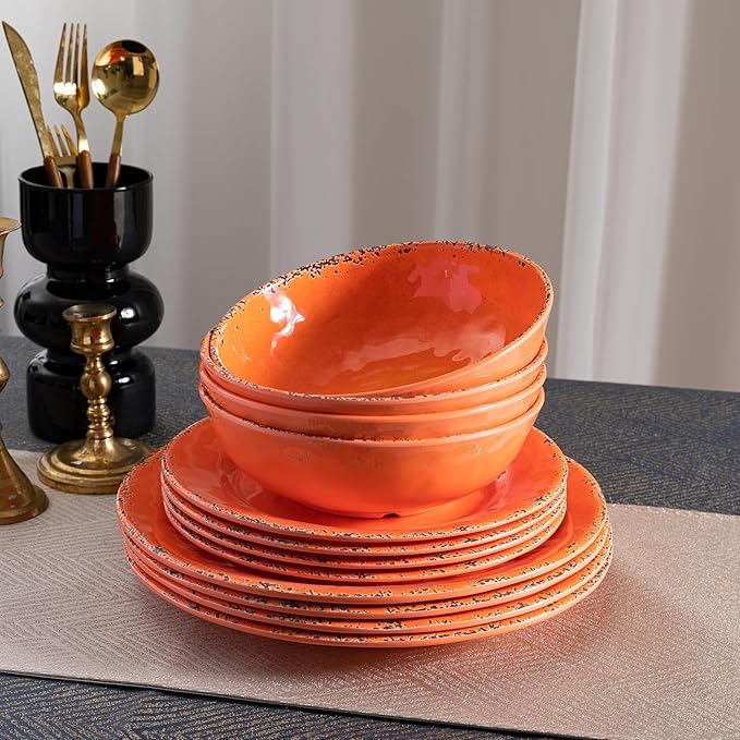 Rustic Melamine Dinnerware Sets Farmhouse Dishes Set for 4 Lightweight 12 Piece Kitchen Plates and Bowls Set for Indoor and Outdoor Use Dishwasher Safe Orange