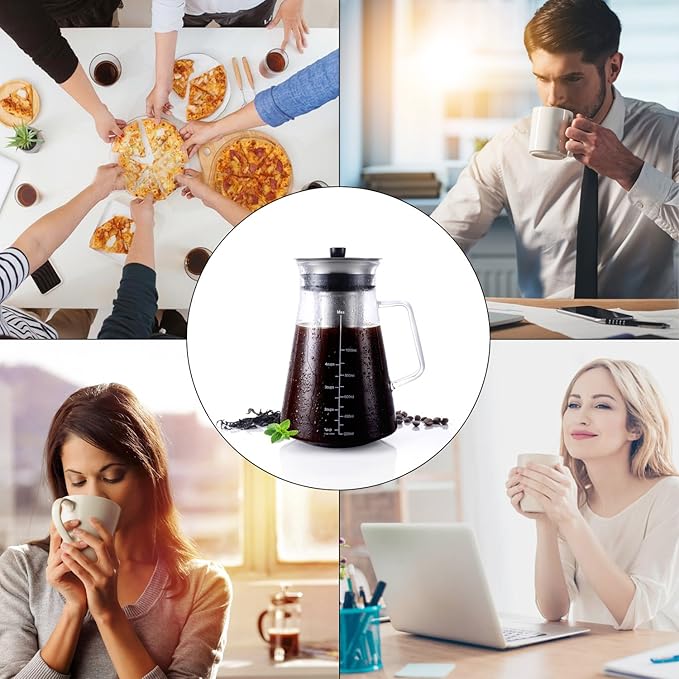 Aquach Airtight Cold Brew Coffee (Iced Tea) Maker 51oz/1.5L BPA-Free Durable Borosilicate Glass Pitcher and Stainless Steel Fine-Mesh Filter Dishwasher Safe Spill-proof 6 Cups Capacity