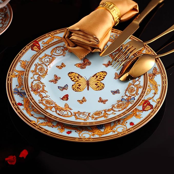 European Style Dinnerware Set Service for 6 Bone China Dinnerware Sets Unbreakable Porcelain Dinner Sets Coffee Cup and Saucer Tableware Set Steak Dinner Plates Dish Set Butterfly Manor