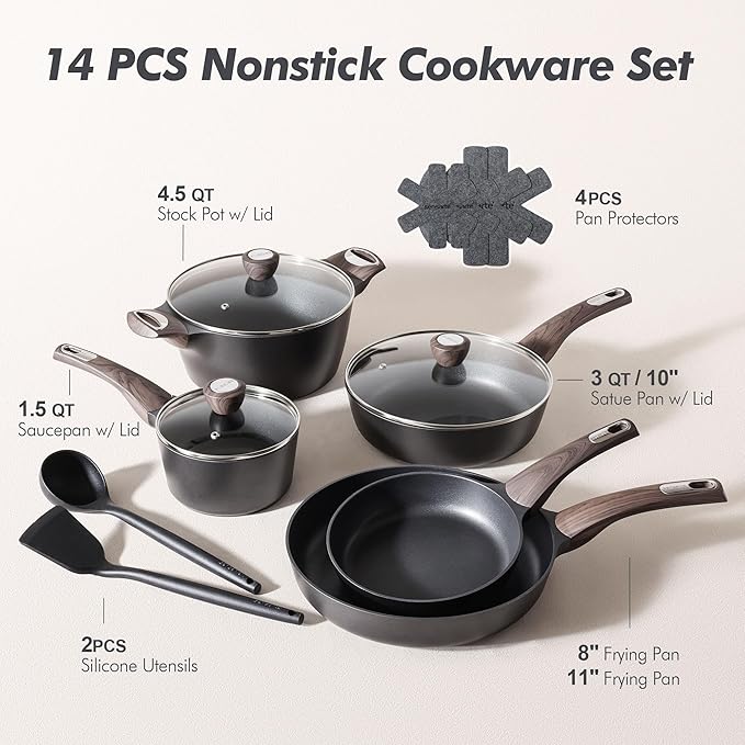 SENSARTE Pots and Pans Set Non stick Non toxic Healthy Induction Cookware Sets 14 Pcs Non Stick Kitchen Cooking Set with Frying Pans Set &amp Saucepan PFOA PFOS APEO Free Black
