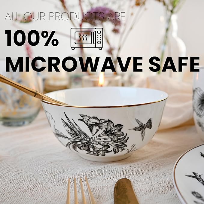 Botanic Plates and Bowls Sets Dishes Set for 4 Ceramic Plates and Bowls Set Service for 4 Bone China Dinnerware Set Salad Dessert Plates and Cereal Bowls Set Microwave safe by KOKEN