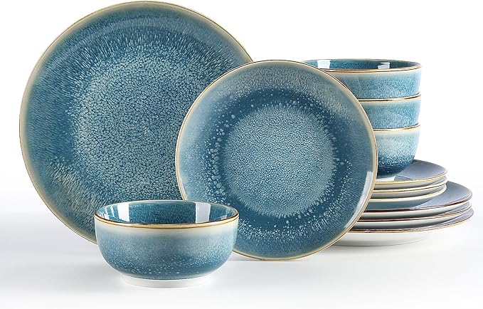 Sweejar Dinnerware Sets Service for 4 12 pcs Porcelain Plates and Bowls for Kitchen Housewaring Gift Chip and Scratch Resistant Dish Set Handmade Dishwasher and Microwave Safe Plate Set Blue