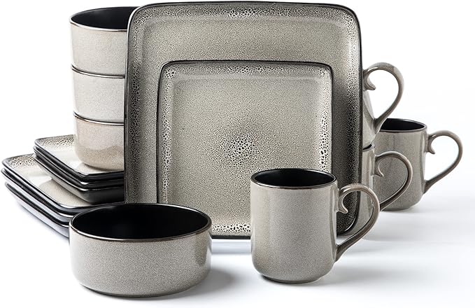 FLACKAR Square Stoneware 16pc Dinnerware Set for 4 Dinner Plates Side Plates Cereal Bowls Mugs - Reactive Glaze Grey (477653)