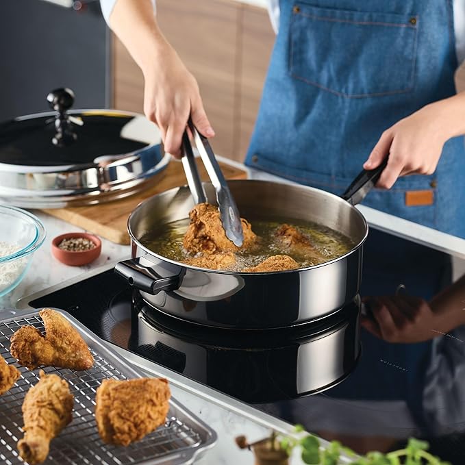 Farberware Classic Series Anniversary Edition Stainless Steel Sauté Pan and Lid with Helper Handle Induction Suitable 6 Quart Jumbo Cooker Metal Utensil Safe - Stainless Steel