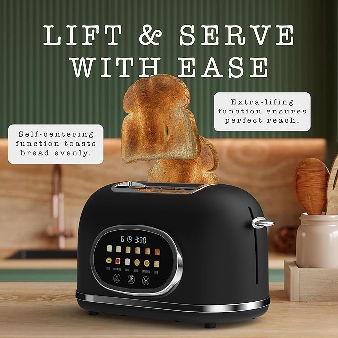 Rae Dunn Retro Digital Electric Toaster 2 Slice Stainless Steel Toaster With Touchscreen Countdown Timer 6 Shade Settings Wide Slots High Lift Lever Bagel Defrost &amp Reheat Digital Black