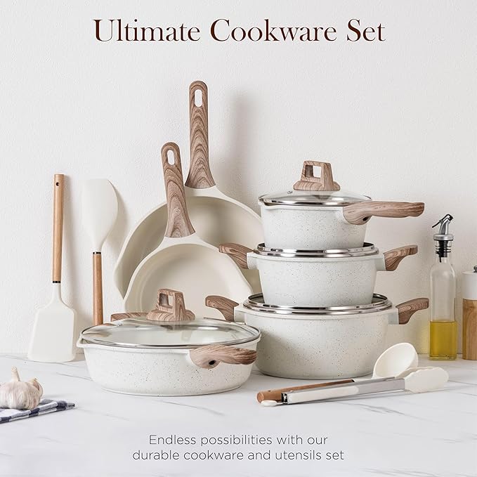 Country Kitchen Pots and Pans Set Nonstick Cast Aluminum Kitchen Cookware Set with Utensils 14 Pcs Non Stick Cooking Set w/Frying Pans &amp Saucepans Cream