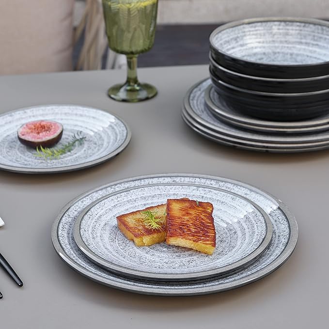 Melamine Dinnerware Sets 12 PCS - Service for 4 Plates &amp Bowls Sets Dishwasher Top-Shelf Safe BPA Free Dinner Dishes Set for Everyday Use-Granite Pattern Black Back