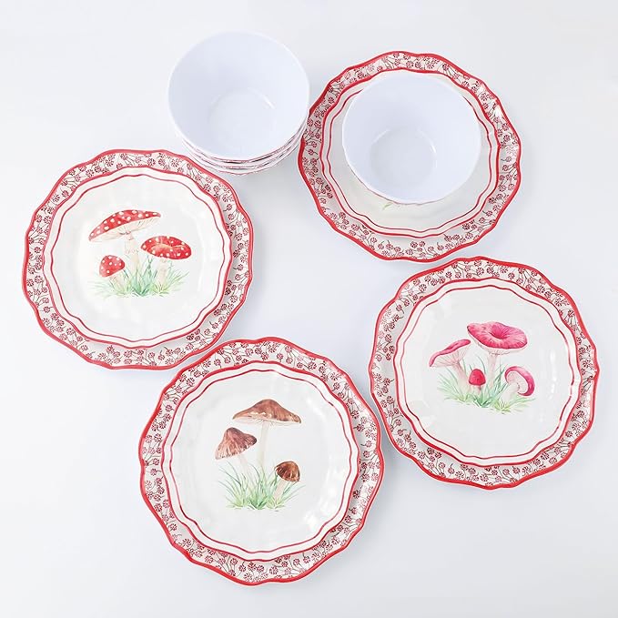 UPware 12 Piece Mushroom Melamine Dinnerware Sets Outdoor Dishes Set Plates and Bowls Sets Service for 4 Red